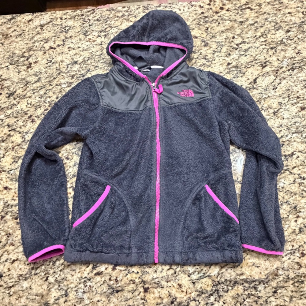 The North Face Girls Osito Fleece Full Zip Hoodie Jacket Gray Pink Size L 14/16